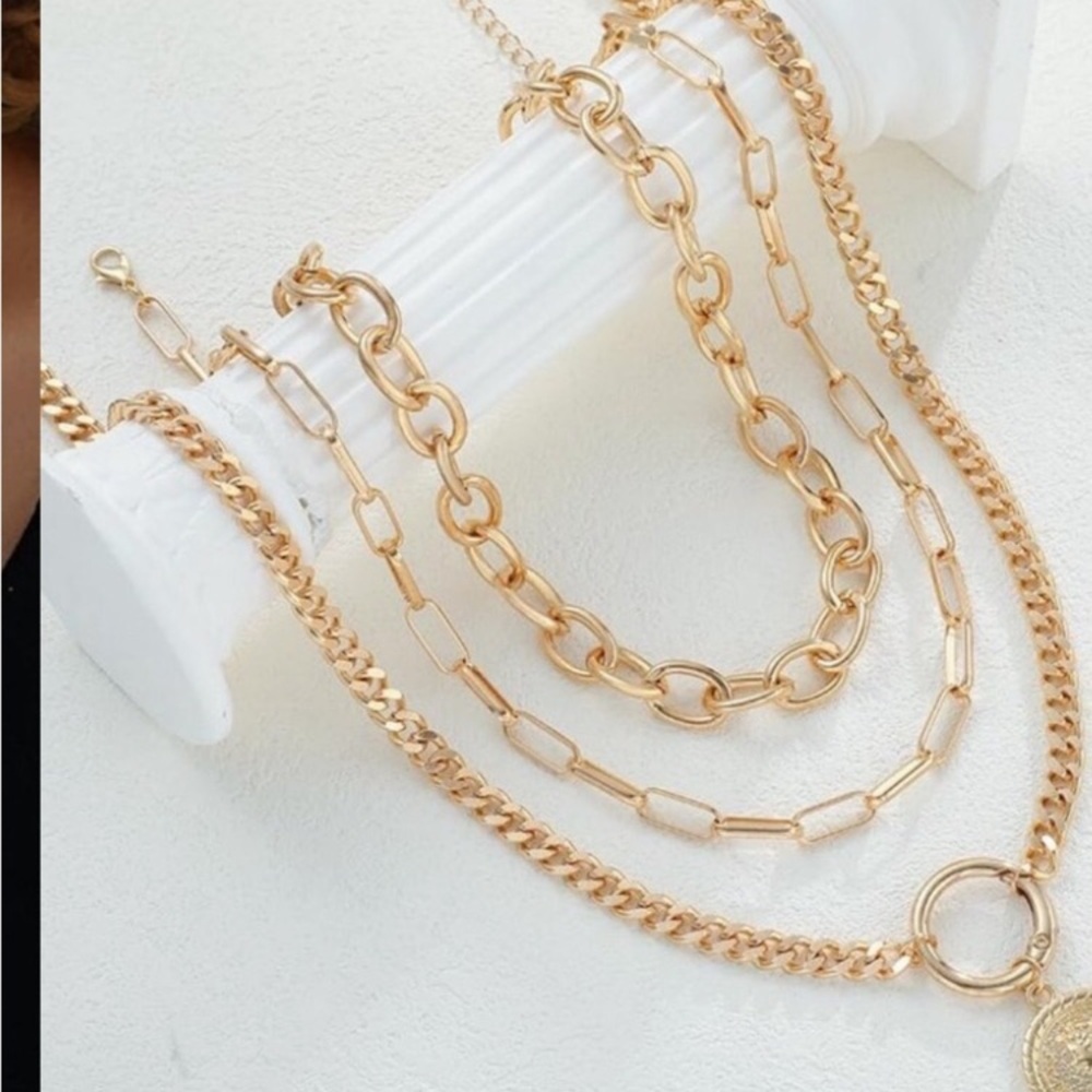 Vintage 24k Gold  Plated Layered Necklace Trendy Chunky Cuban Link Paperclip Cha - Picture 9 of 11